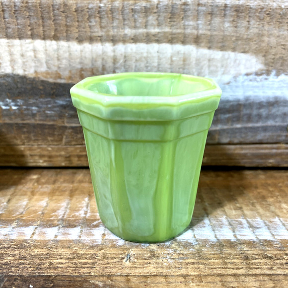 Set 4 Vintage 1930s Akro Agate Green Slag Jadeite Shot Drink Glasses 2" - Picture 5 of 13